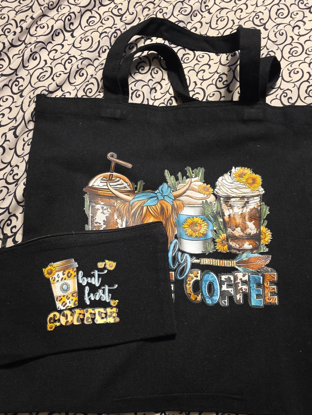 Moody Before Coffee Black Graphic Tote Bag 14x14.5 Extra Pouch 7x5"